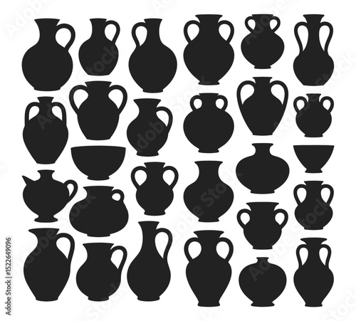 Collection of blank pottery silhouettes including vases, bowls and jugs, vector illustration set. Variety of traditional ceramic vessel shapes displayed without decorative patterns.