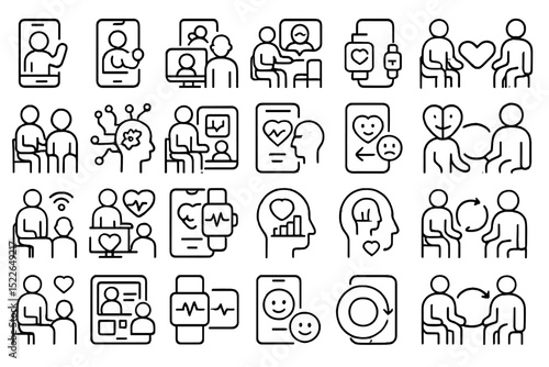 Mental health and teletherapy icon set with emotions and devices