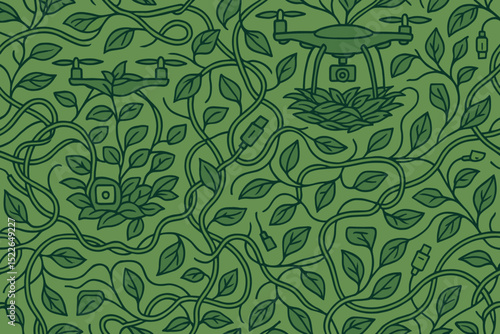 Seamless pattern of drones and cables entwined in leafy vines