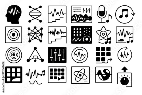 Creative design of sound and music icons in black and white depicting various sound waves and audio elements
