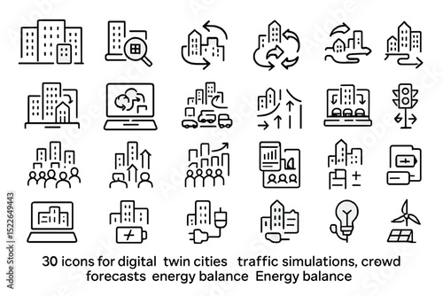 Icon set representing digital twin cities, traffic simulations, crowd forecasting, and energy management concepts
