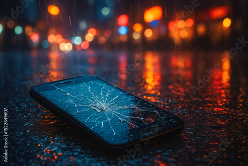 Broken smartphone on wet street in heavy rain, neon city lights reflecting. generative AI