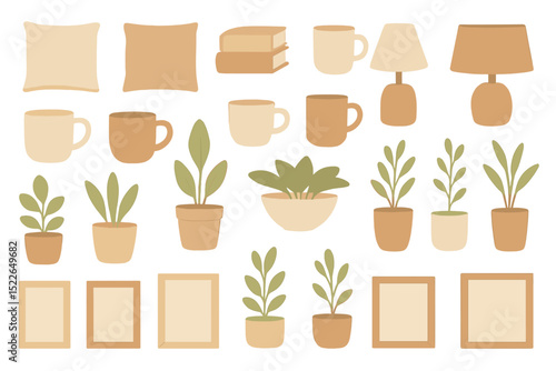 Home decor elements featuring plants, cushions, books, and lamps in warm neutral tones for cozy interiors