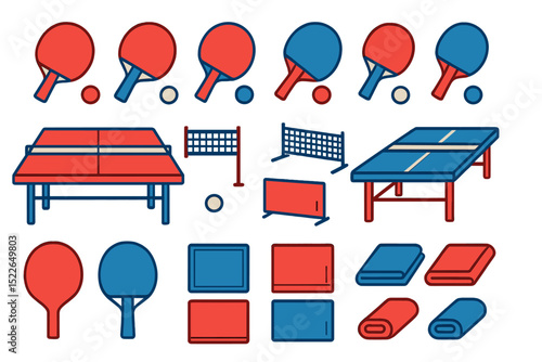 Creative table tennis graphics showcasing paddles, balls, and equipment in red and blue colors for sports design