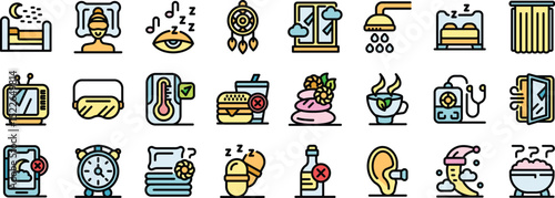 Icons representing good sleep hygiene practices promoting deep relaxation, better sleep, and peaceful dreams