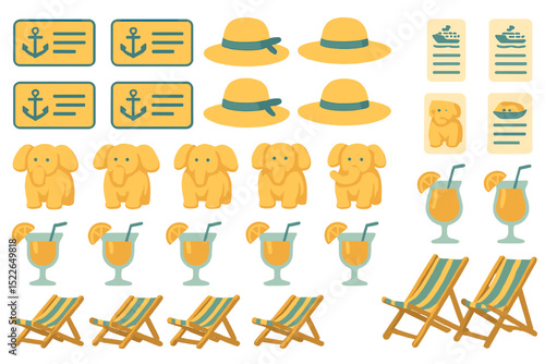 A playful pattern featuring vacation icons like elephants, drinks, and beach chairs.