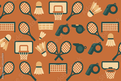 Colorful pattern featuring sports equipment including rackets, basketballs, and whistles on an orange background