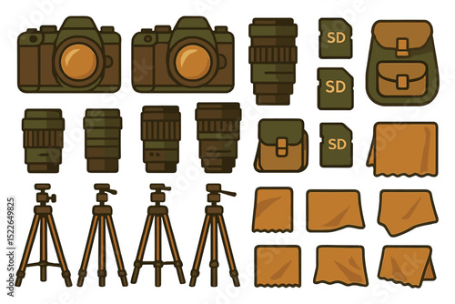 A set of camera gear icons including cameras, lenses, tripods, SD cards, and accessories.