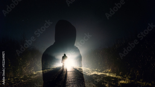 A double exposure of a hooded figure, with a mysterious figure silhouetted by spooky glowing lights on a country road at night