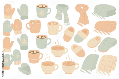 Cozy winter essentials showcasing warm drinks, knitted accessories, and snug footwear arranged in a delightful design