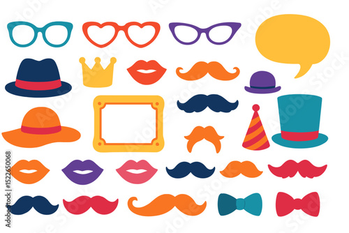Colorful assortment of fun props for a party, including hats, glasses, and mustaches displayed against a white background