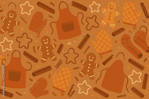 Holiday baking pattern featuring gingerbread men, aprons, mittens, and festive decorations in warm tones