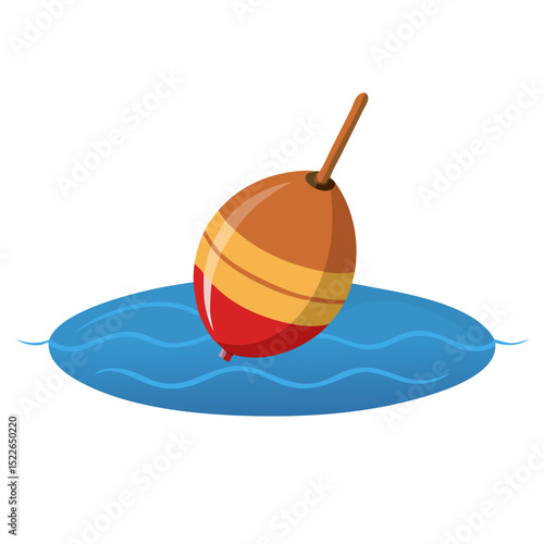 Vector illustration of a classic wooden bobber floating on rippling water, isolated on white background.