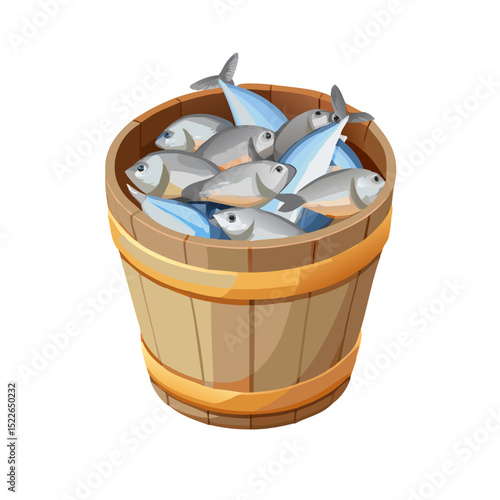 Vector illustration of a wooden bucket filled with freshly caught fish, isolated on white background.