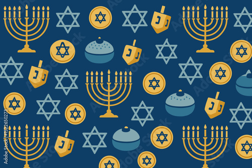 Festive Jewish symbols displayed on a blue background for celebration and tradition during Hanukkah
