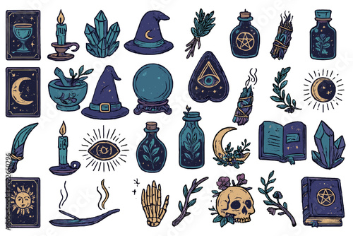 Mystical collection of witchcraft symbols and objects illustrated on a white background, featuring crystals and potions