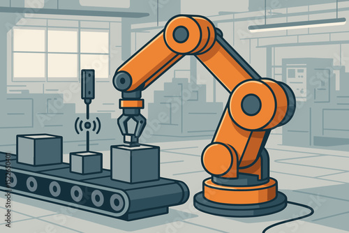 Robotic arm operating on conveyor belt in automated factory