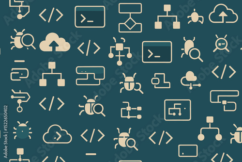 Seamless pattern of coding and debugging icons in flat style
