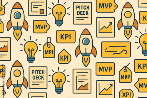 Seamless pattern of startup icons including pitch decks, KPIs, and rockets