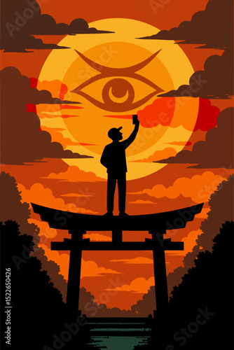 お天道様は見ている。神域の象徴に登って自撮りをしているのを戒めている太陽の目