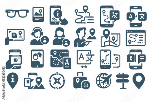 Set of travel and navigation app icons in modern outline style