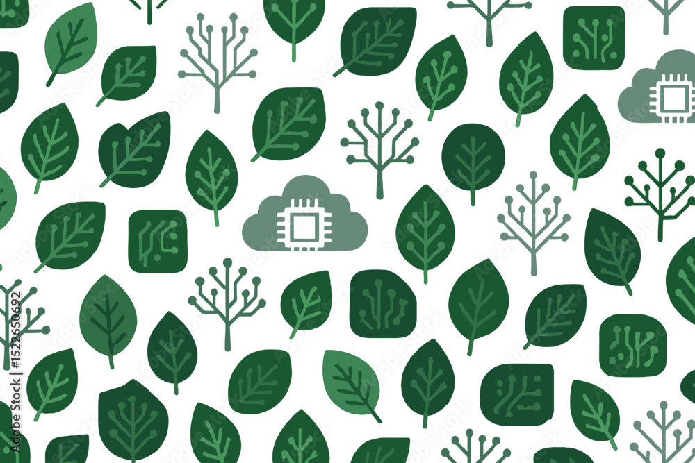 Fototapeta premium Seamless pattern of green circuit-style leaves and tech trees