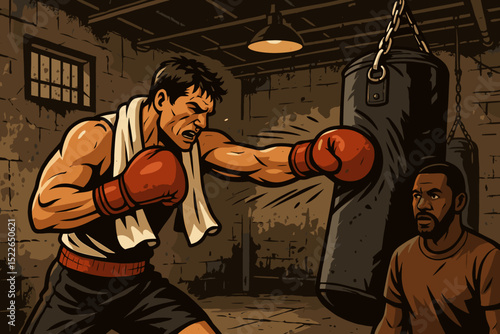 Boxer training hard in gritty gym environment while coach observes performance and technique