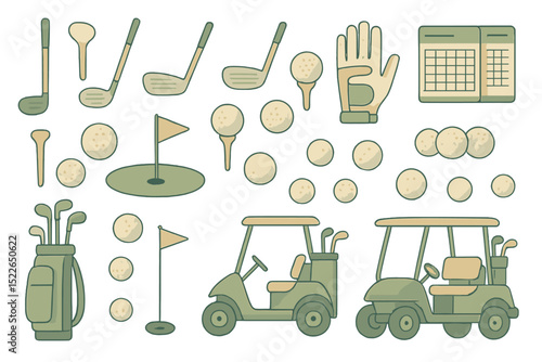 Golf equipment and accessories showcase featuring clubs, balls, carts, and scorecards set in a playful design