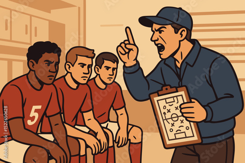 Coach delivers motivational speech to young soccer players in locker room before match