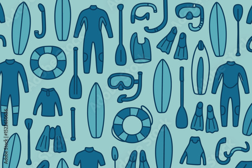 Seamless pattern with water sports gear including wetsuits and surfboards