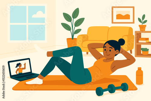 Woman doing virtual workout at home with mat and dumbbells