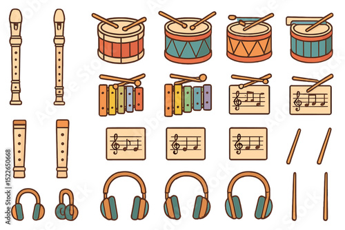Seamless pattern with musical instruments and notes on brown background