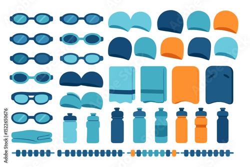 Seamless swimming gear pattern with goggles, caps, and bottles