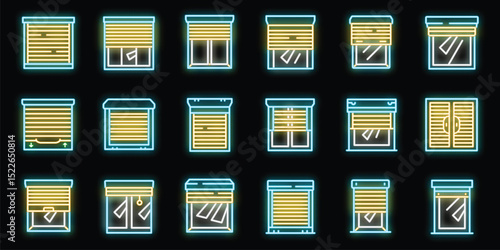Set of colorful neon icons representing various types of window blinds, roller shutters, and shades, illuminating a dark backdrop