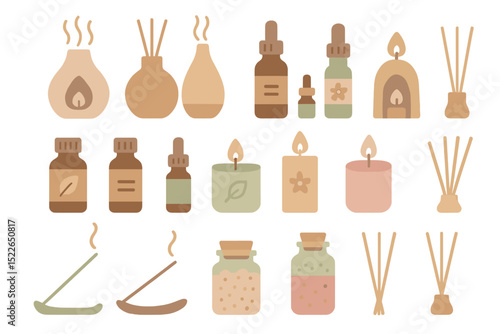 A variety of aromatherapy and relaxation products, including candles, essential oils, and diffusers.