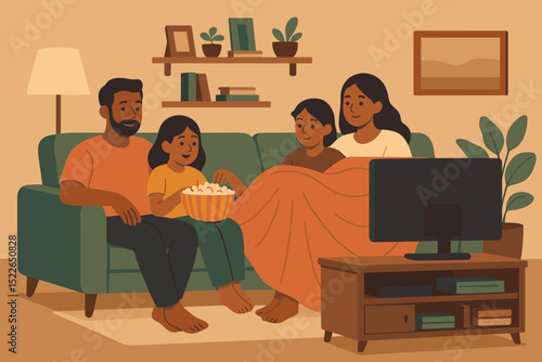 Happy family watching TV together in cozy living room