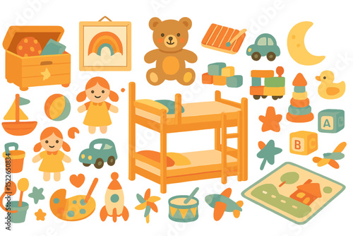 Colorful collection of children's toys and decor in a playful nursery setting featuring a bunk bed and various learning materials