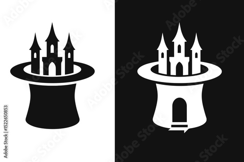 Gothic castle emerging from a magician's hat in black and white contrasting design