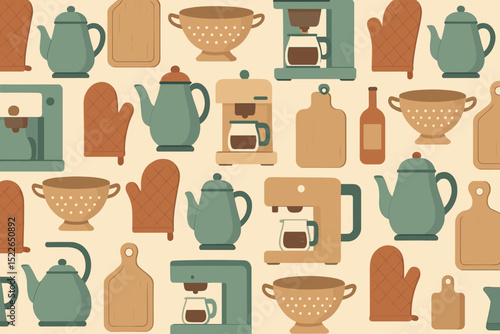 Seamless pattern of kitchen tools including kettles and coffee makers