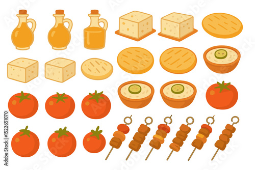 Set of cartoon Mediterranean food icons on warm gradient background