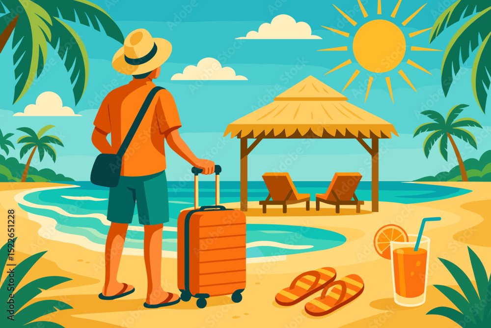 Obraz premium Vacation at the beach with a suitcase and tropical drinks on a sunny day
