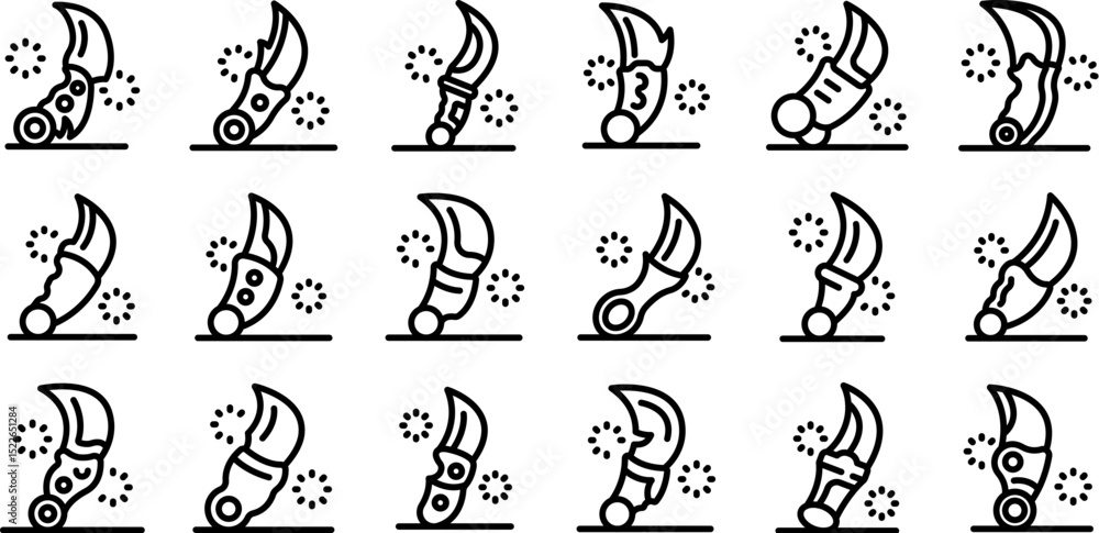 Naklejka premium Karambit icons set. Karambit icons set featuring variations of the curved blade, ideal for illustrating self defense concepts or tactical gear