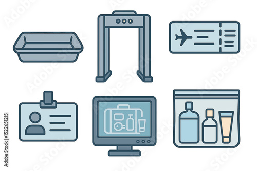 Airport security checkpoint icons in flat modern style