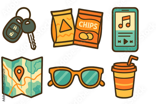 Snacks, keys, and essentials for a fun road trip or outdoor adventure in a vibrant graphic