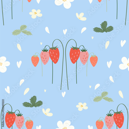 Seamless pattern blue background with strawberry, flower and leaves. Vector illustration for print, textile, fabric.