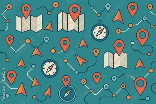 Seamless pattern of maps, compasses, and navigation icons