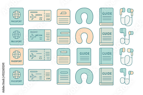 Flat icon set of travel essentials including passport, ticket, and guide