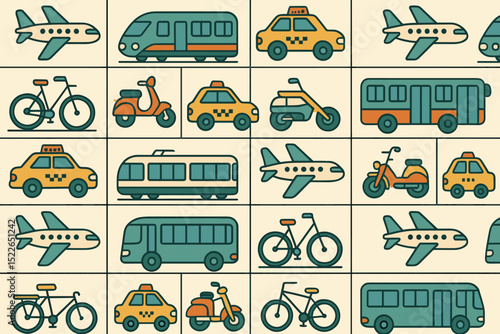 Different modes of transportation displayed in a colorful grid featuring vehicles from various categories and styles
