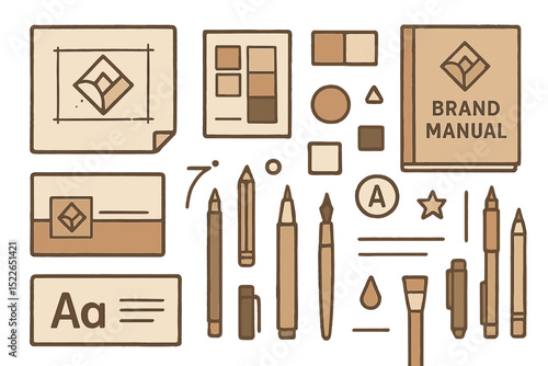 Flat design brand identity tools with logo, fonts, colors, and manual