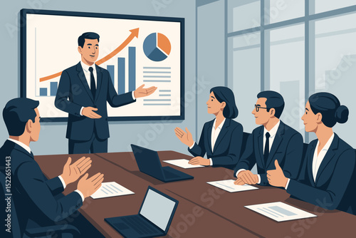 Business team in meeting applauding presenter with growth chart